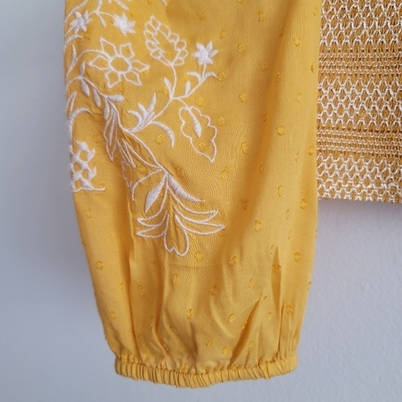 Forever 21 Yellow Embroidered Puff Sleeve Smocked Tie Front Crop Top Shirt - Picture 5 of 8
